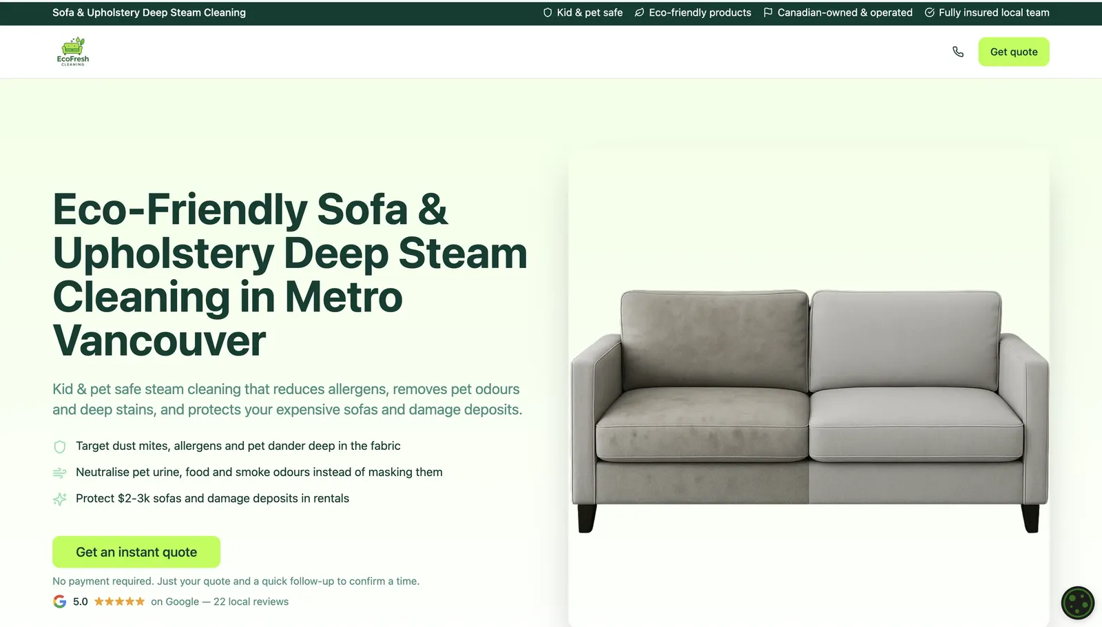 The EcoFresh sofa & upholstery cleaning landing page built for this campaign — hero, value props and instant-quote CTA.
