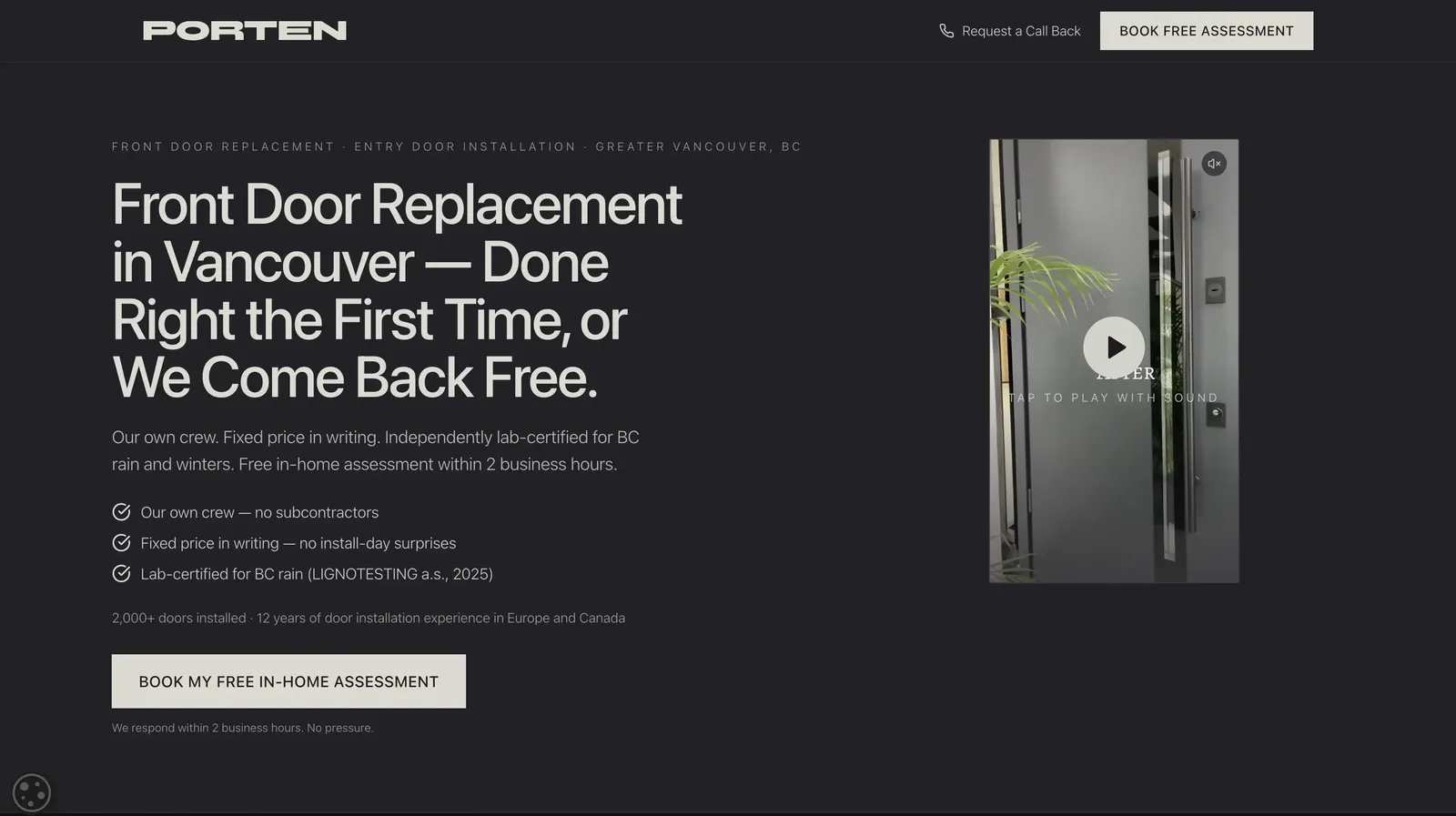The Porten door-replacement landing page built for this campaign — anti-risk positioning, felt-result blocks and a low-friction quote form.