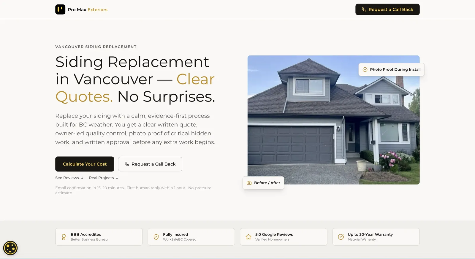 The Pro Max Exteriors siding landing page built for this campaign — owner-led positioning, clear written quote and a free-quote CTA.